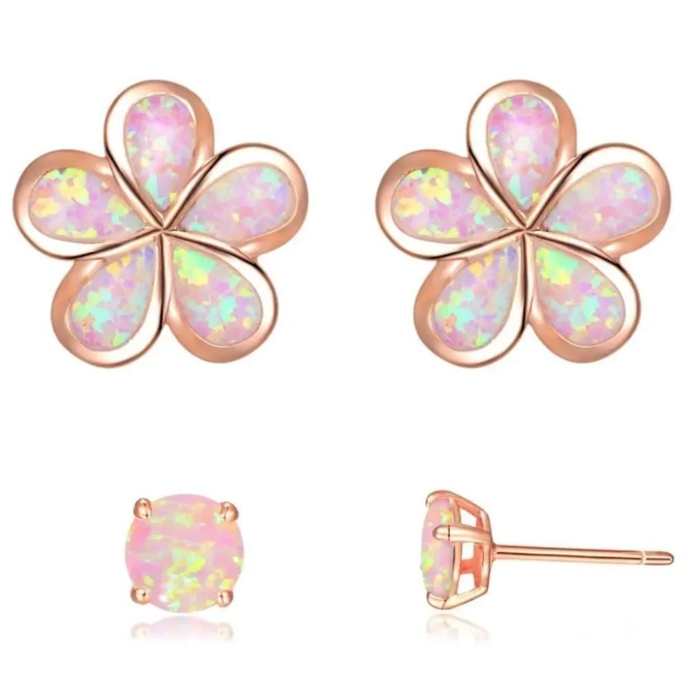 14K Rose Gold with Genuine Pink Fire Opal Flower Post Stud Earrings Set of 2